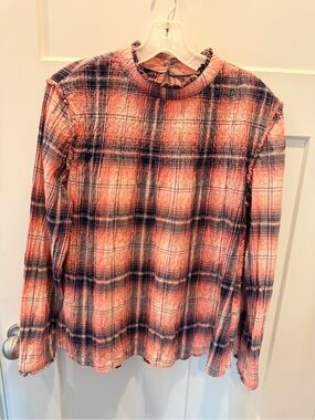 Max Jeans Medium Plaid Ruffle Mock Neck Crinkle Cotton Boho Top